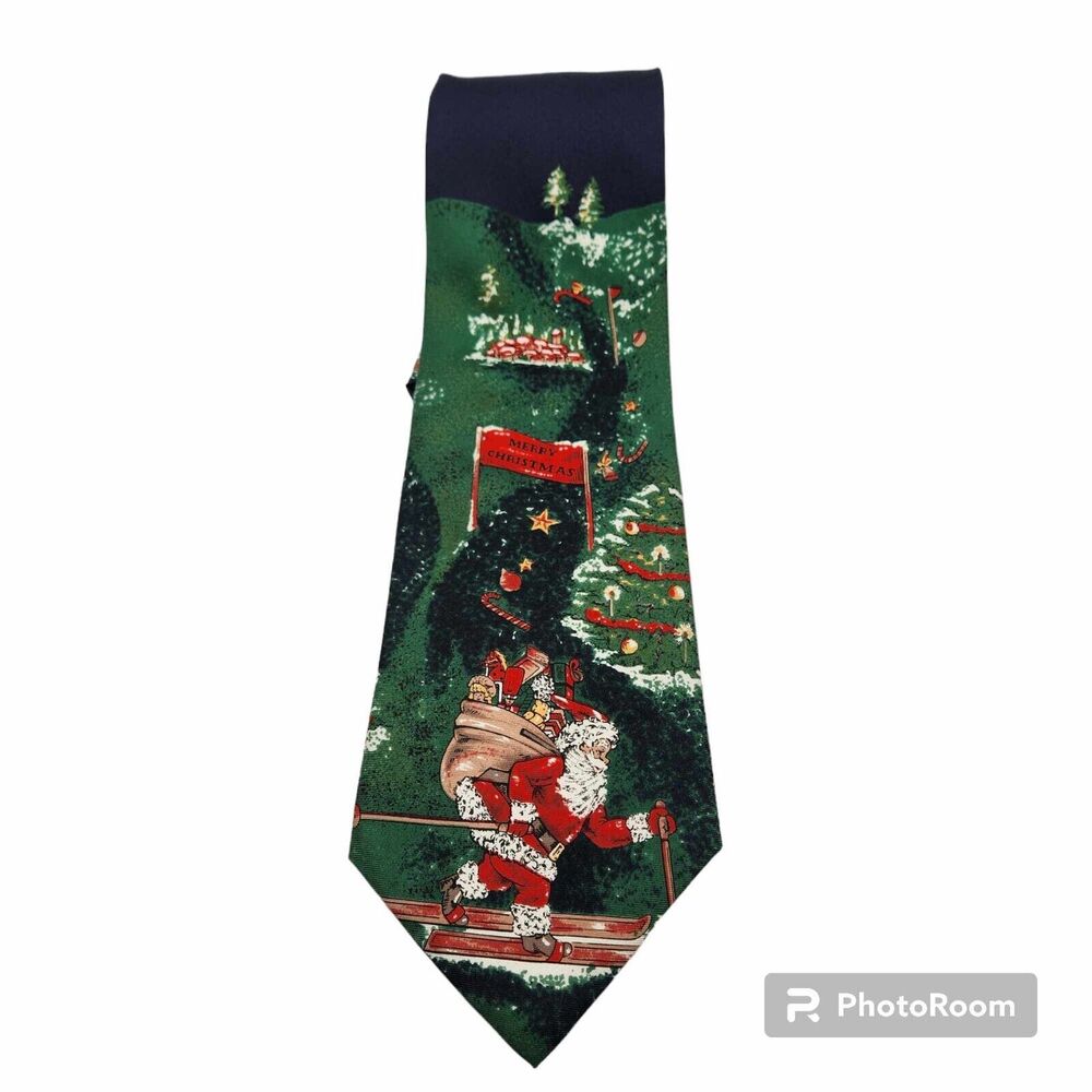 Pierre Cardin Skiing Santa Claus Necktie Mens 100% Silk 58" Christmas Novelty